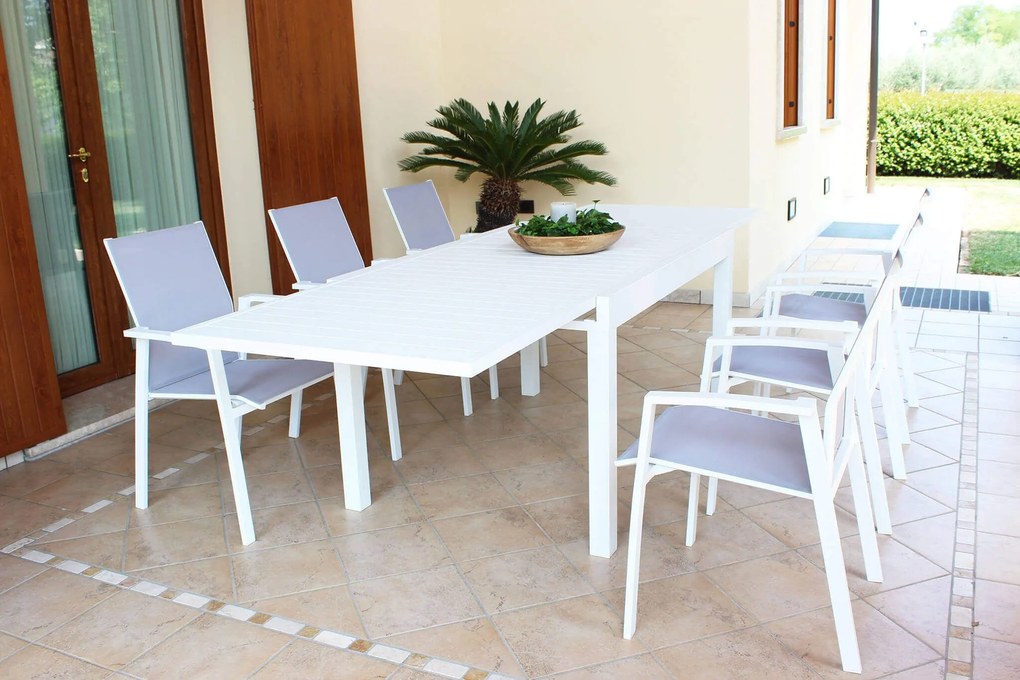 JERRI - set tavolo in alluminio cm 135/270 x 90 x 75 h con 8 poltrone Lotus