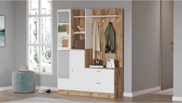 Mobile Ingresso Con Scarpiera Appendiabiti E Specchio 140x37x182 Rovere E Bianco Wisdom