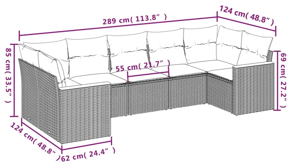 Set Divani da Giardino 7 pz con Cuscini Beige in Polyrattan