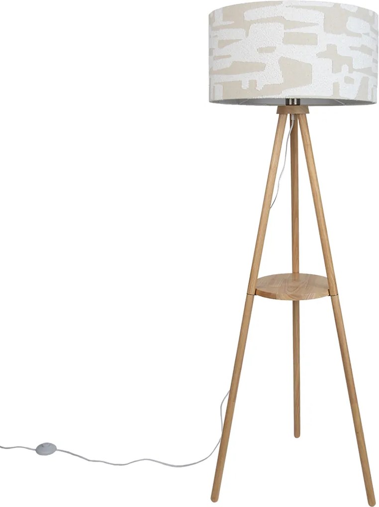 Lampada da terra a treppiede in legno con paralume a righe bianche e beige 50cm - Lou