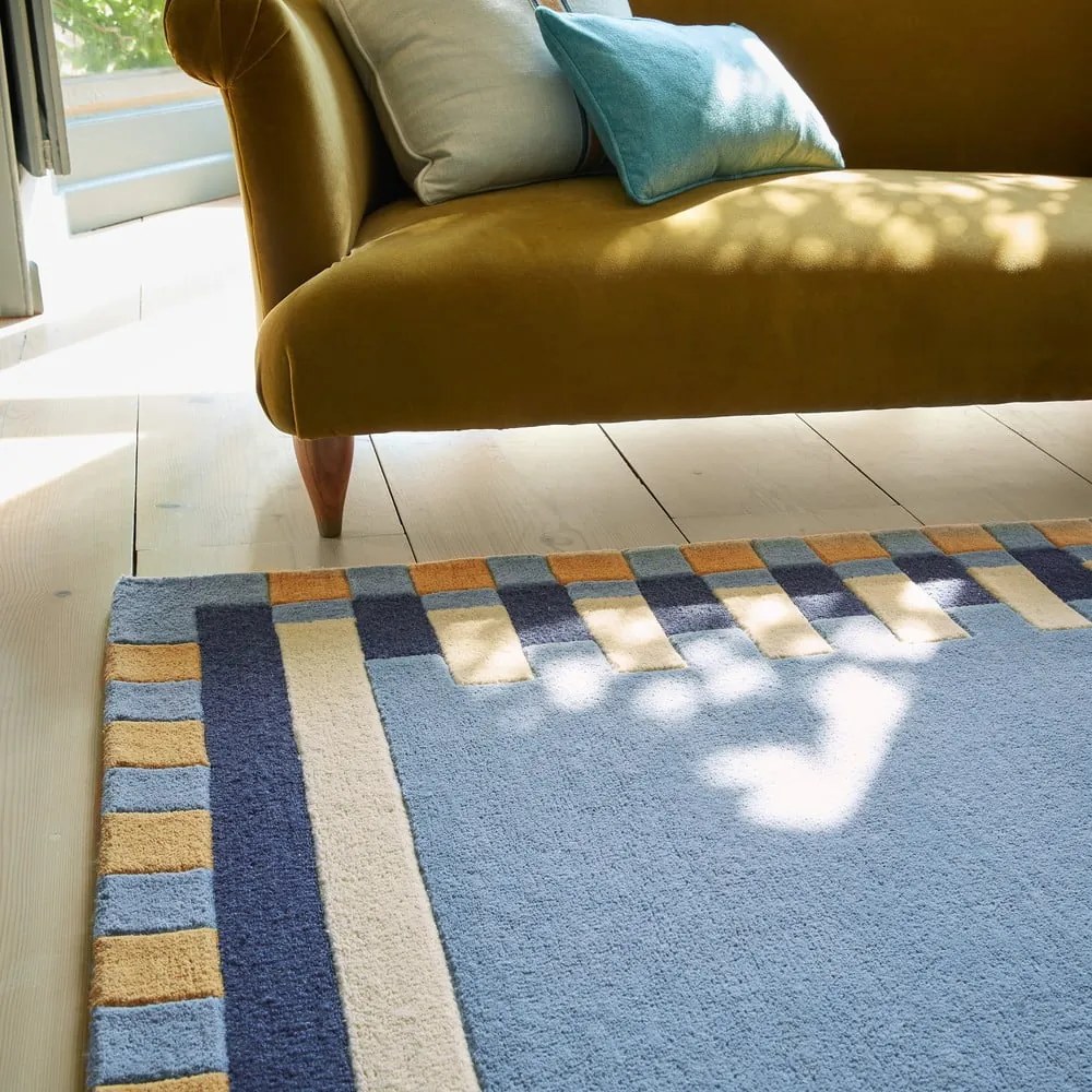 Tappeto blu in lana tessuto a mano 160x230 cm Kai Wool Border - Flair Rugs