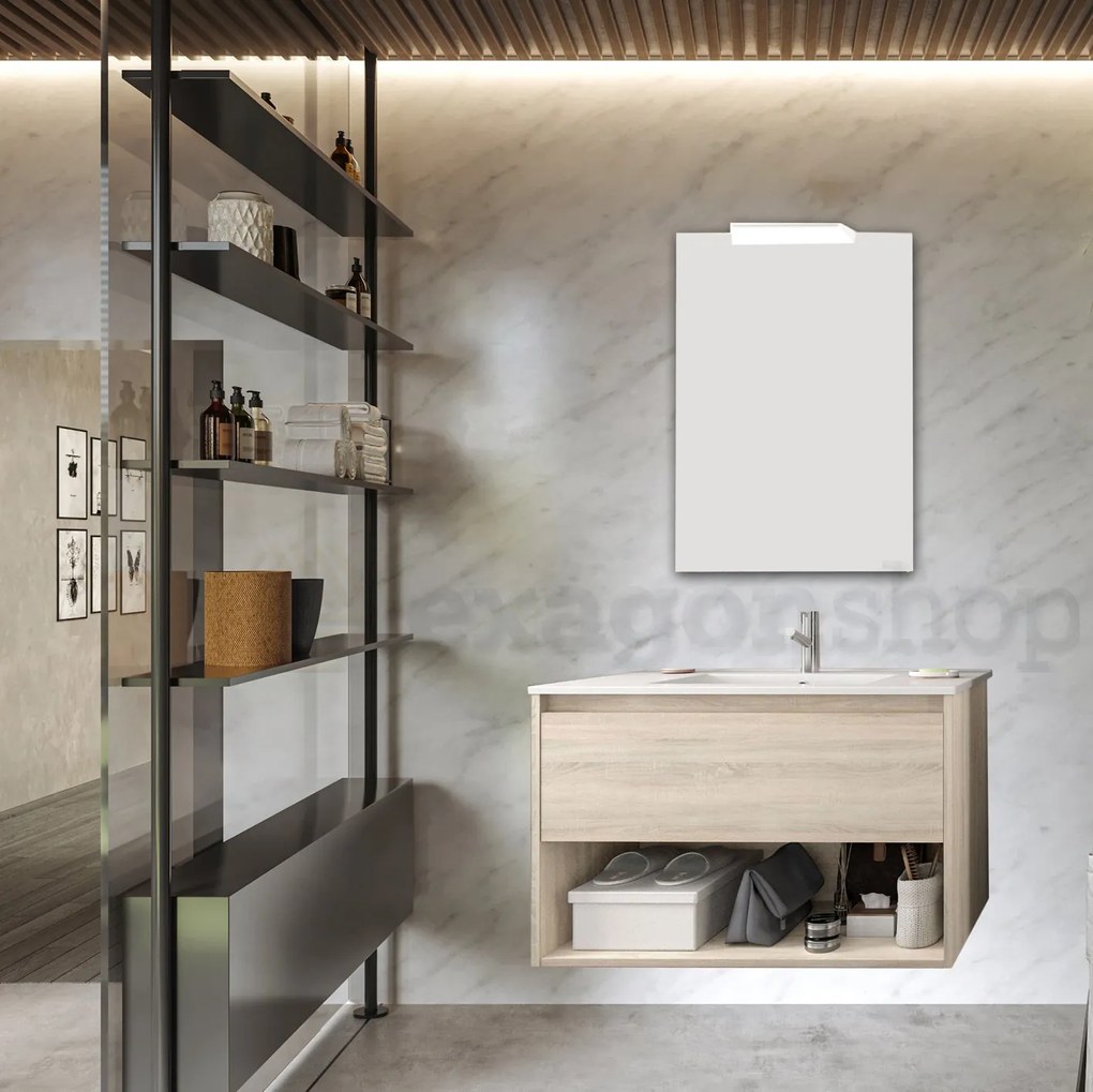 Mobile bagno rovere chiaro 100x45 Rigo 2 un cassetto e vano a giorno lavabo in porcellana e specchio con lampada