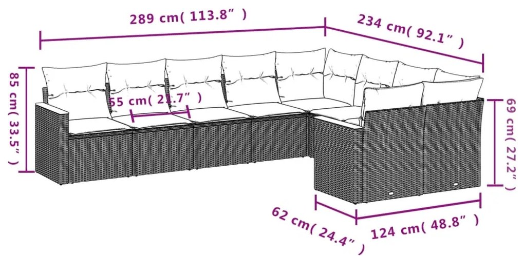 Set Divani da Giardino 9 pz con Cuscini Nero in Polyrattan