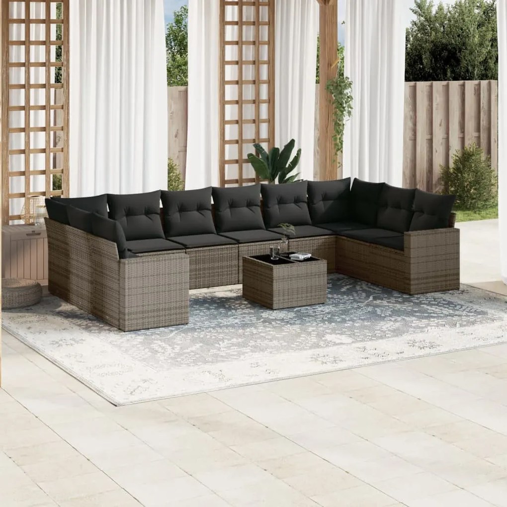 Set divani da giardino 11 pz con cuscini in polyrattan grigio