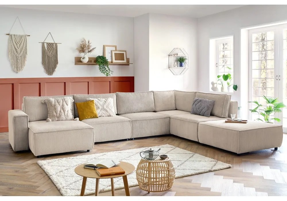 Divano a U angolare in velluto a coste color crema, angolo destro Nihad modular - Bobochic Paris