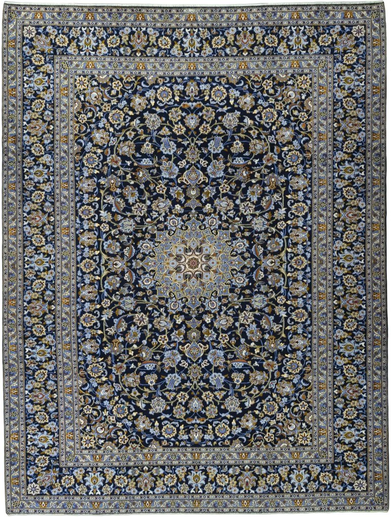Kashan Tappeto 390x290 Blu (Iran) Annodato A Mano