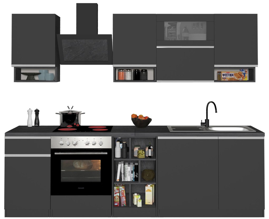 Cucina Lineare SOLE 256 cm - Antracite/Report e Legno Chiaro, Made in Italy