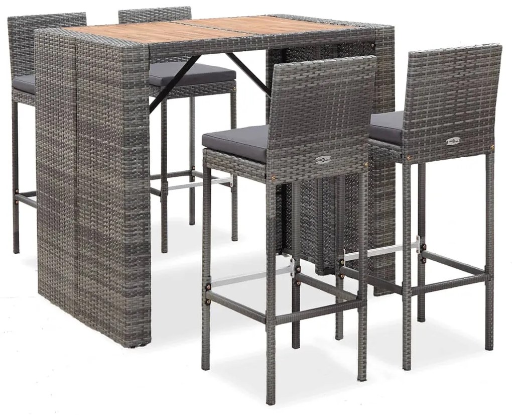 Set da bar da giardino 5 pz polyrattan e legno acacia grigio