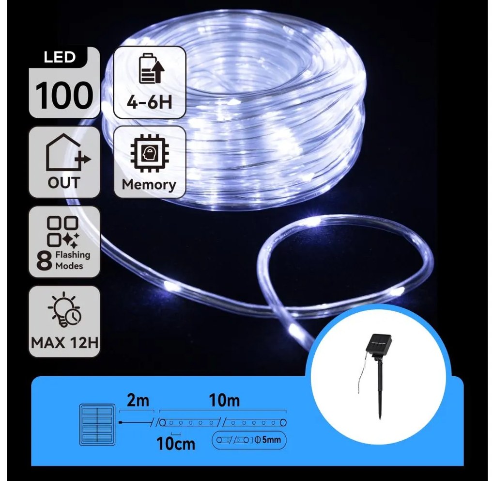 Aigostar - Catena di Natale solare a LED 100xLED/8 funzioni 12m IP65 bianco freddo