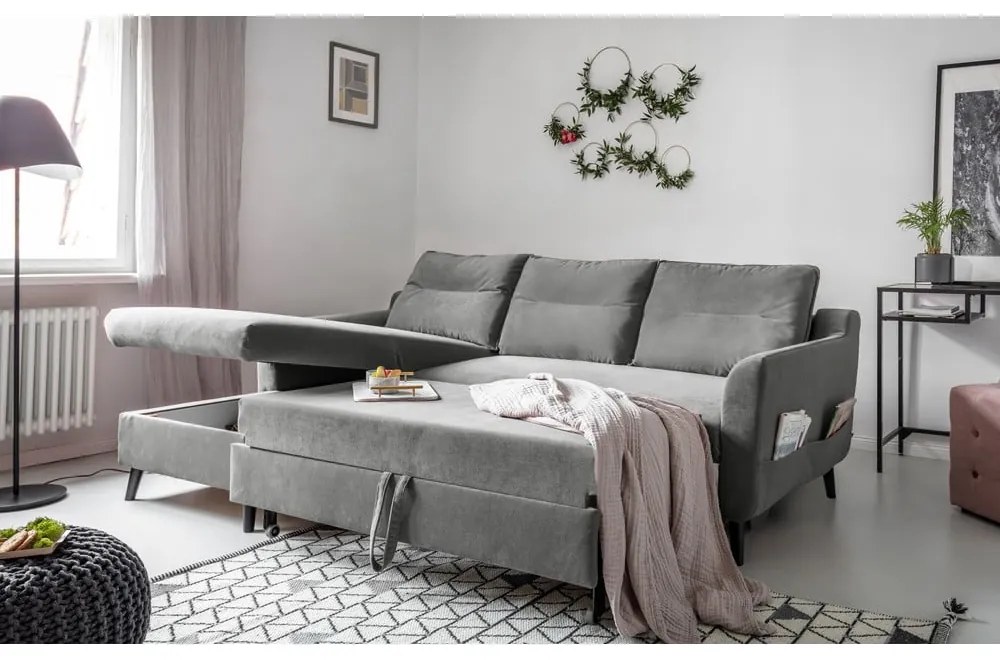 Divano letto angolare in velluto grigio chiaro, angolo sinistro Stylish Stan - Miuform
