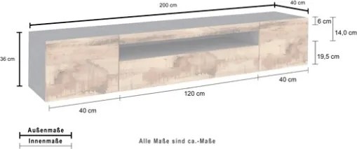 Mobile Porta TV Basso 200x40x36 Con 3 Ante Ardesia Effetto Legno Daiquiri