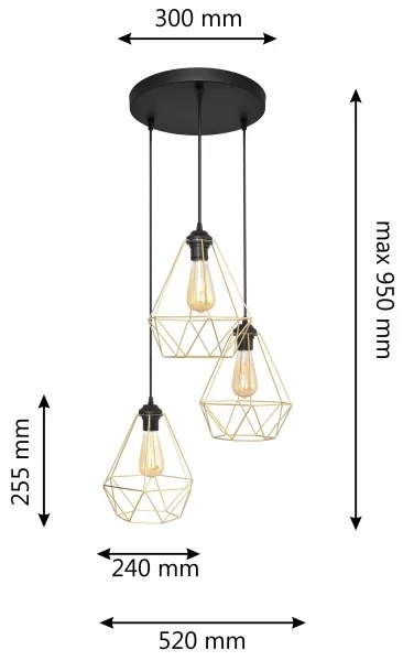Lampadario a sospensione con filo KARO 3xE27/15W/230V oro/nero