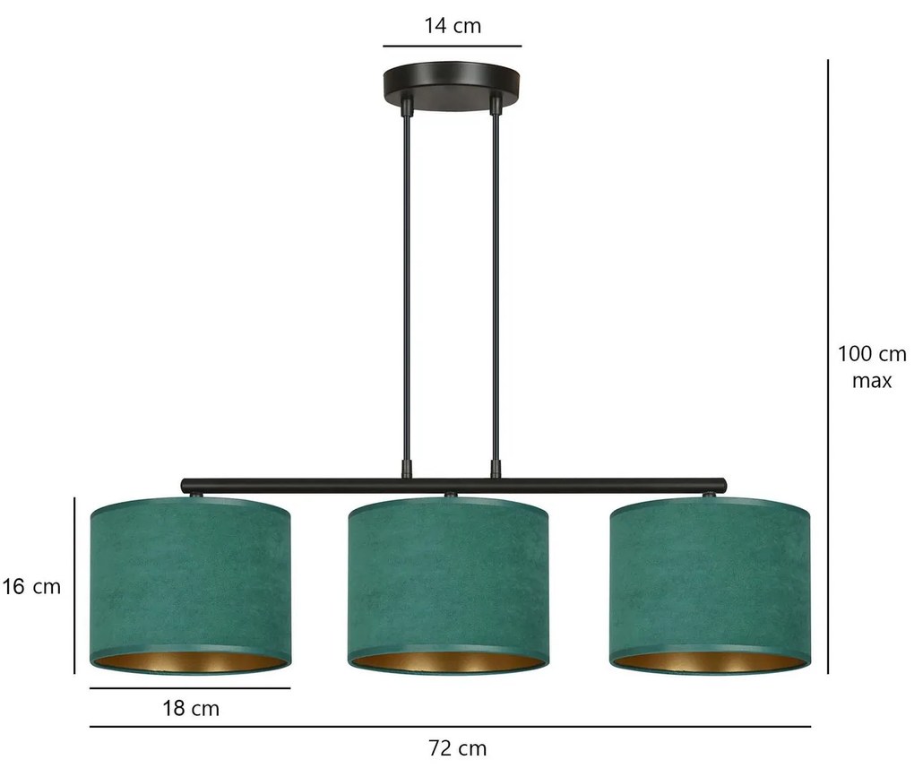 Lampadario 3 Luci Hilde In Acciaio Nero E Paralumi In Tessuto Verde