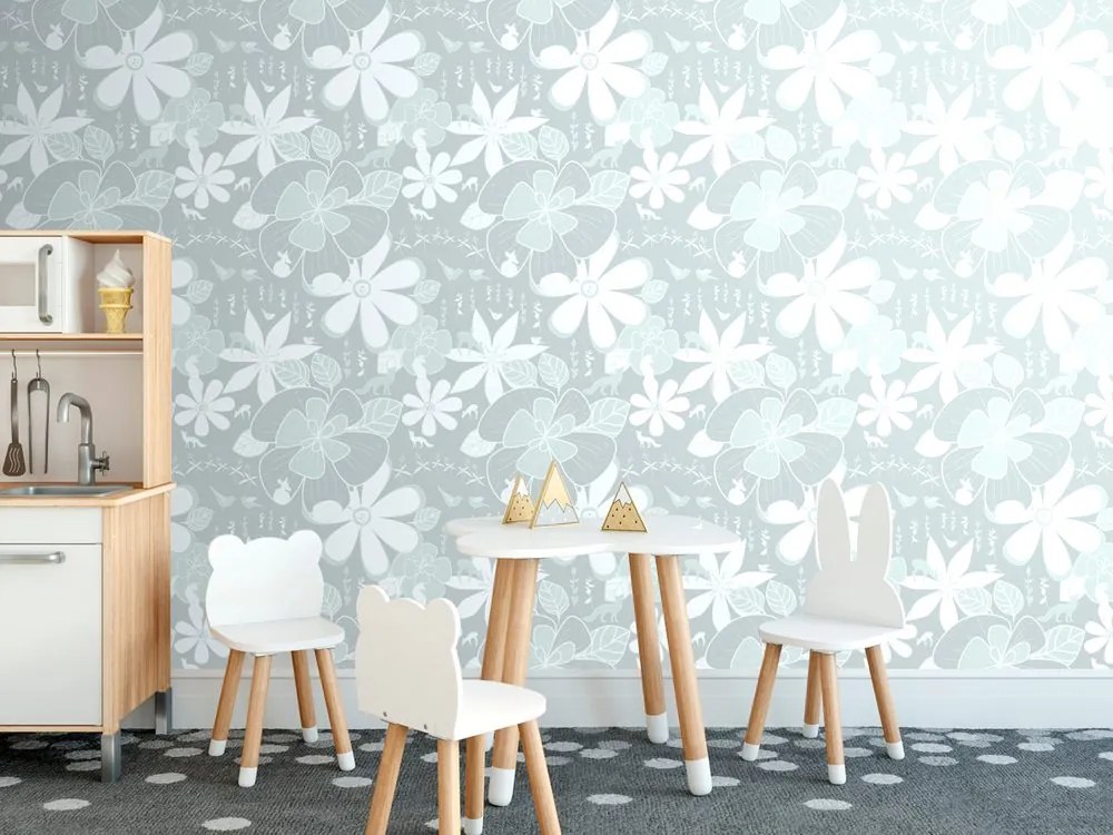 Carta da parati – Animali intorno ai fiori in verde