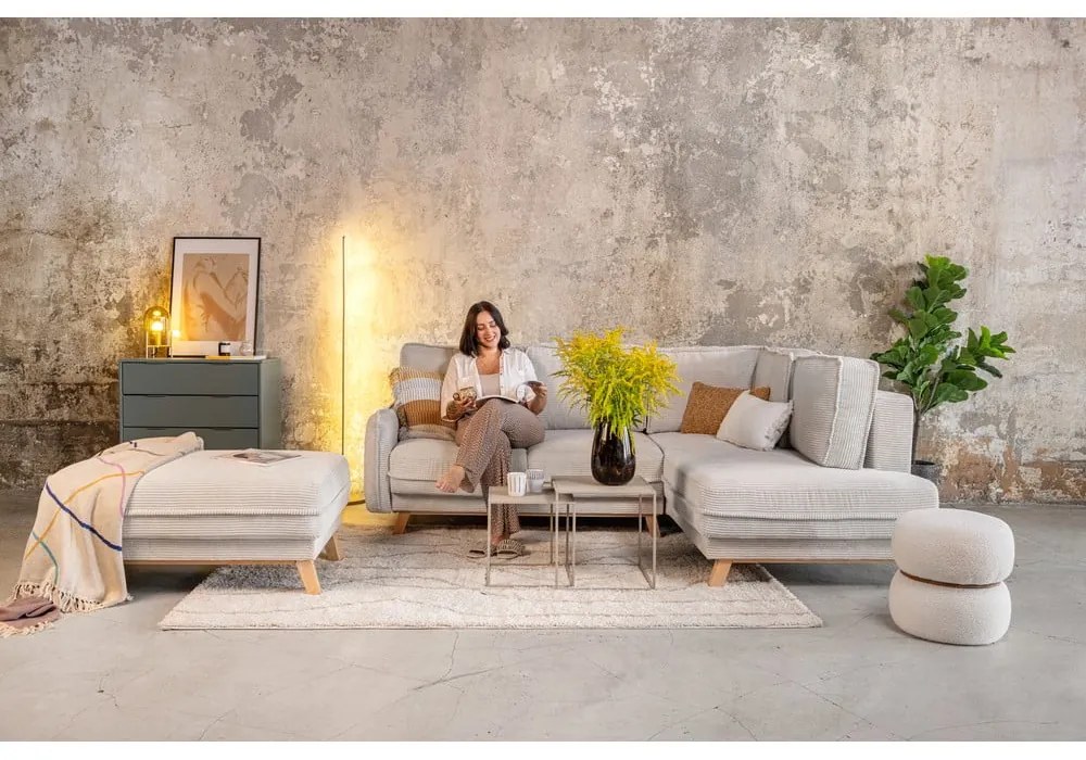 Divano angolare grigio allungabile (con penisola a destra) con rivestimento in velluto a coste Tori – Bonami Selection