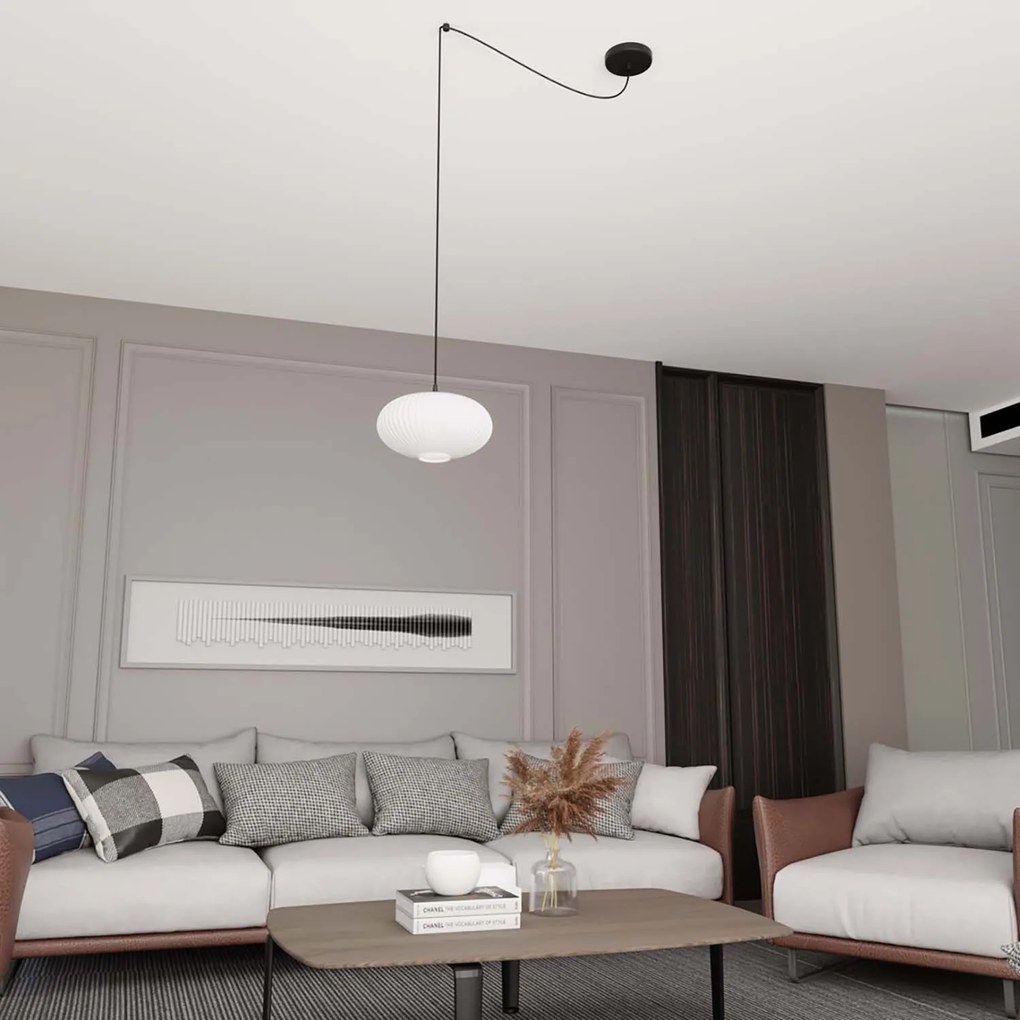 Sospensione 1 Luce Elios In Acciaio Nero Paralume Plissettato Bianco