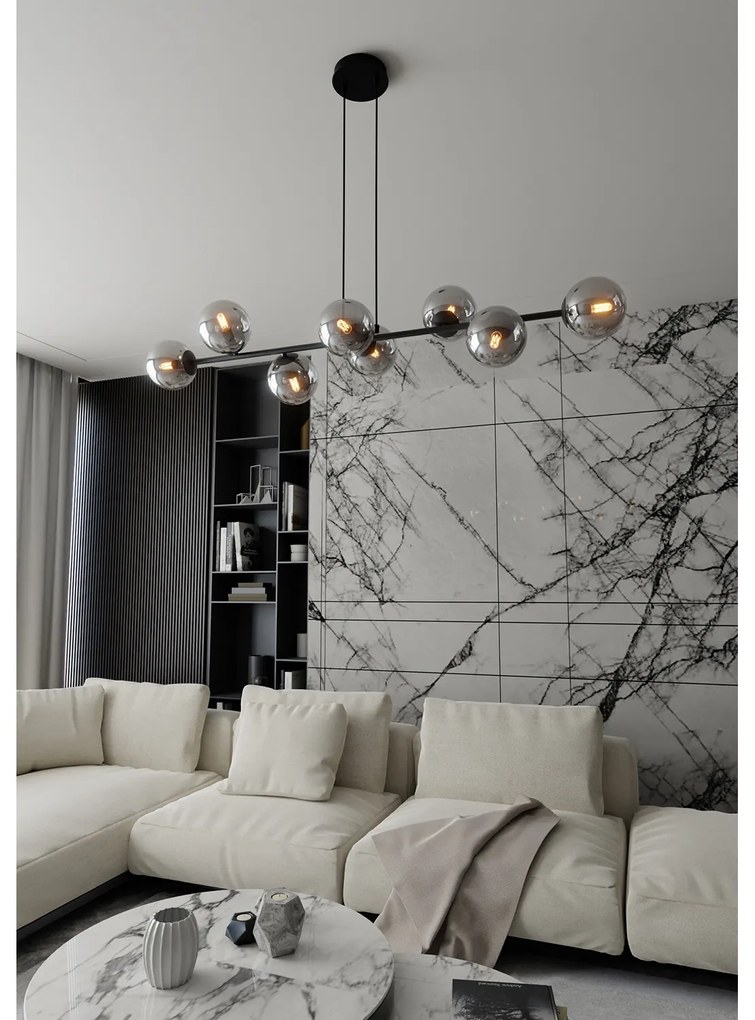 Lampadario Contemporaneo 8 Luci Durga In Acciaio Nero E Sfere In Vetro Fumè