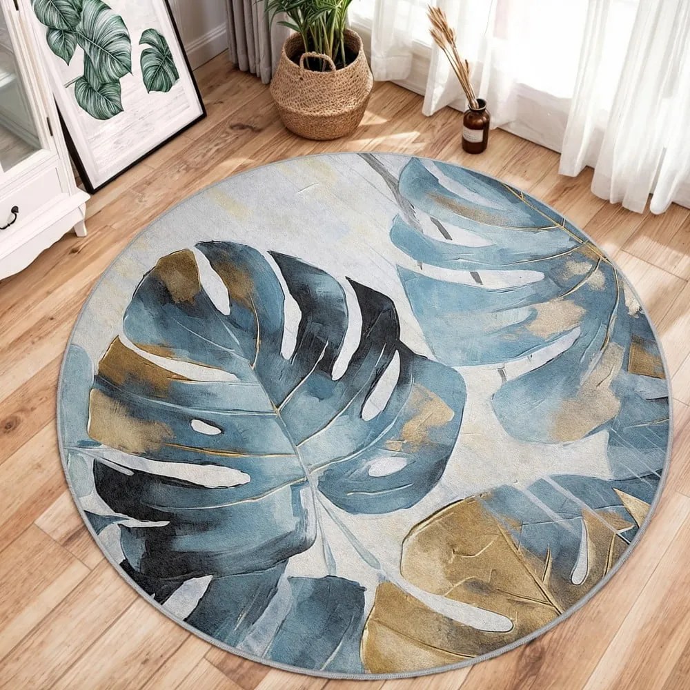 Tappeto rotondo blu lavabile ø 100 cm Golden Leaves – Mila Home
