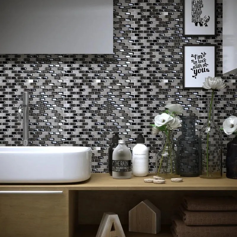 Mosaico in pietra Mini Brick nero e argento L 30 x L 30cm x Sp. 8 mm, 11 pezzi