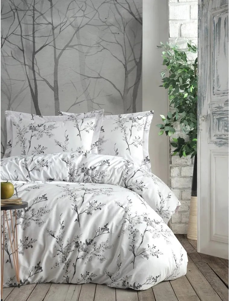 Set copripiumino e federa bianco/grigio in cotone renforcé per letto singolo 140x200 cm White Floral – Mila Home Luxury