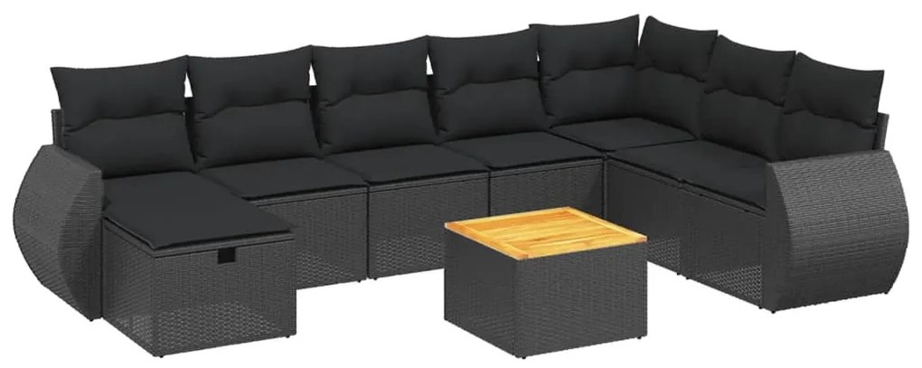 Set divani da giardino 9 pz con cuscini nero in polyrattan