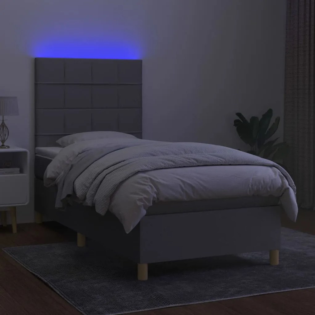 Letto a molle materasso e led grigio chiaro 90x200 cm tessuto