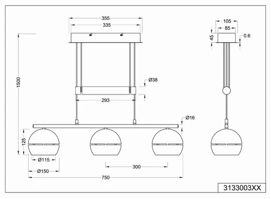Trio - Lampadario a sospensione con filo FLETCHER 3xE14/40W/230V cromo opaco