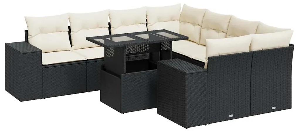 Set divani da giardino 9 pz con cuscini nero in polyrattan