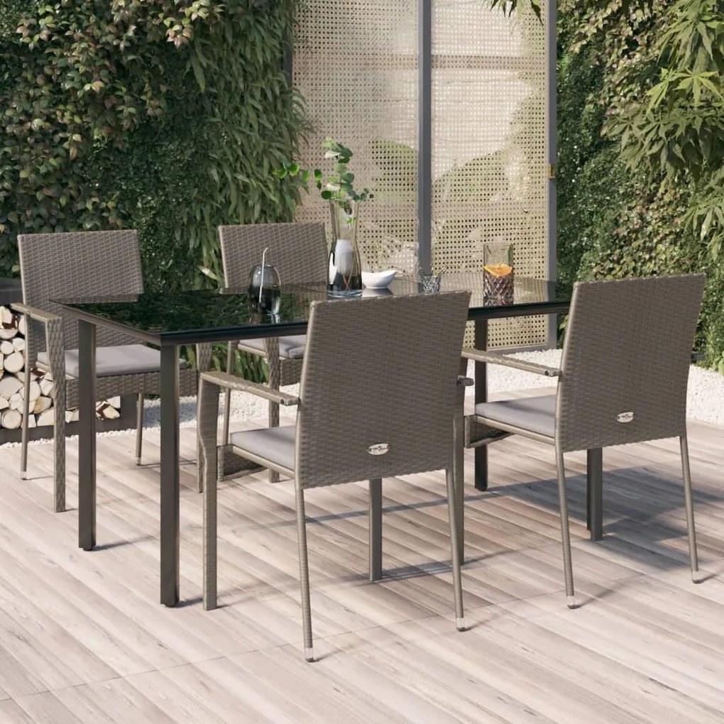 Set da pranzo giardino 5pz nero e grigio con cuscini polyrattan