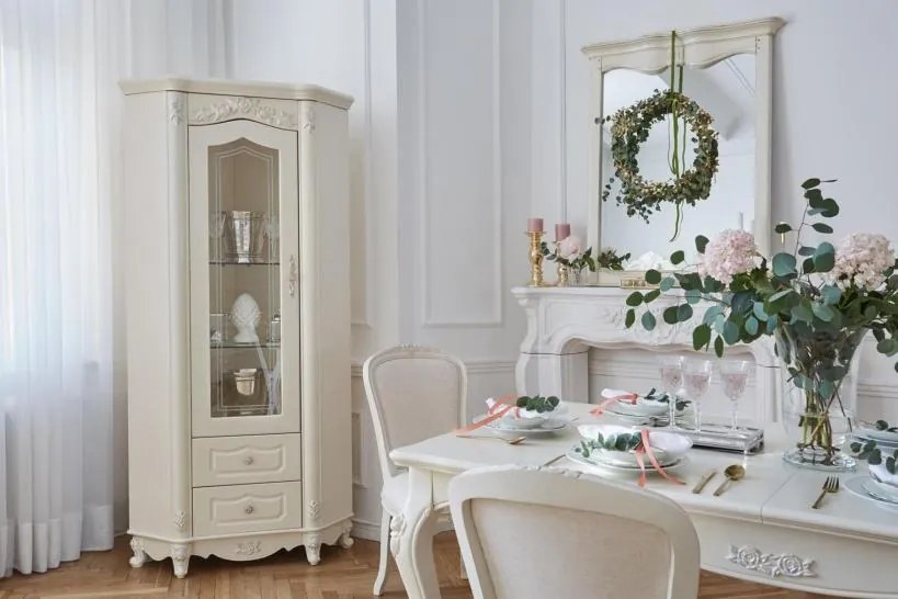 Vetrina ad angolo classica in legno color bianco avorio-Arrediorg