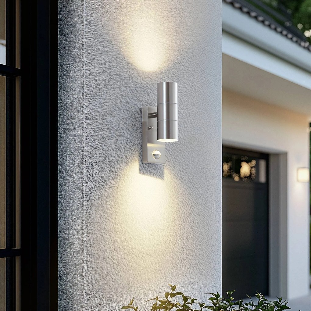 Lindby applique da esterno Eyrin, altezza 22 cm, acciaio inox, sensore EYRIN Lindby, dimmerabile, Alluminio / Grigio / Zincato, Acciaio Inox, Moderno