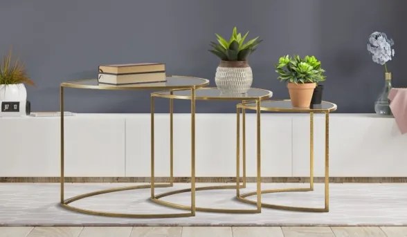 Set Tre tavolini da caffè Ø60X50-50X45-40X40 cm piano in vetro e struttura dorata