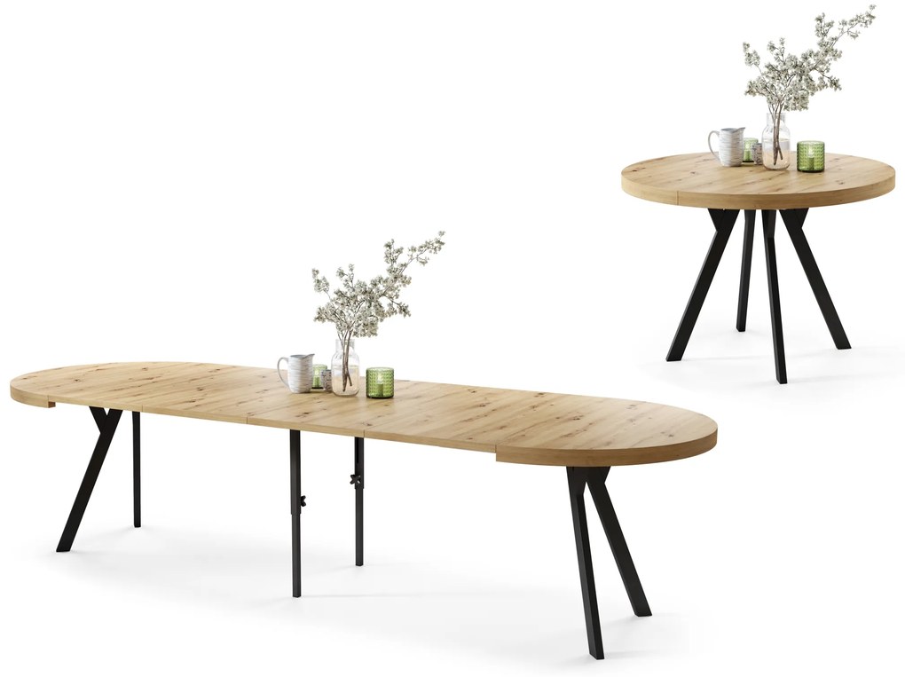 EXPANSO Rovere Artisan/gambe nere – TAVOLO ROTONDO GRANDE Ø110 ALLUNGABILE FINO A 310 cm CON GAMBE A Y STILE LOFT/INDUSTRIALE