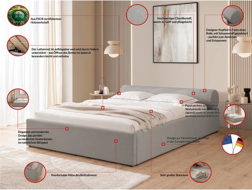 Letto matrimoniale imbottito grigio chiaro con contenitore con rete inclusa 160x200 cm Cille – Ropez
