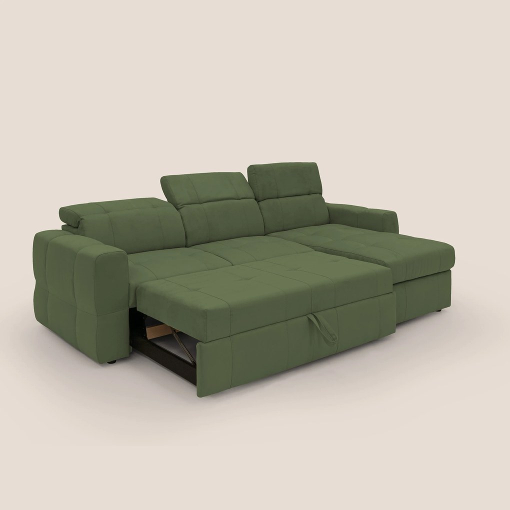 Kronos Divano angolare con pouf estraibile e penisola contenitore in microfibra impermeabile T11 verde