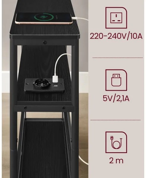 Tavolino d'appoggio ROD con presa elettrica integrata e porte USB, nero