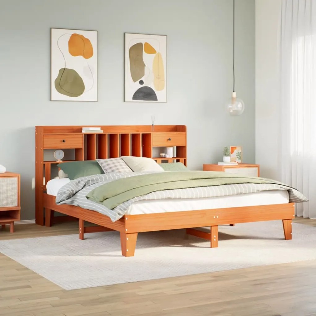Letto Senza Materasso Marrone Cera 200x200 Cm İn Legno Di Pino /