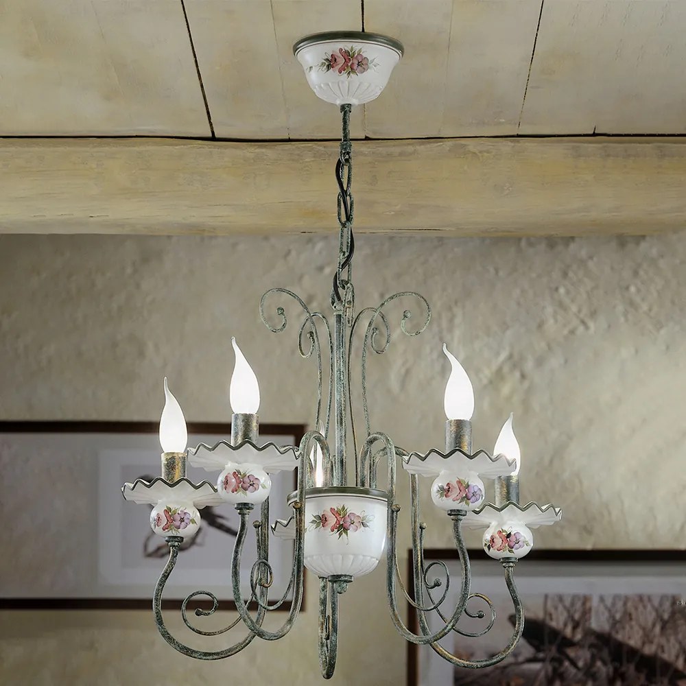 Lampadario Classico Sanremo Metallo E Ceramica Verde Sfumato Oro 5 Luci E14