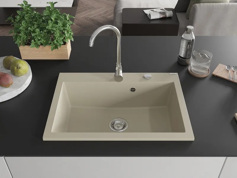 Mexen Elix lavello da cucina in granito 1-vasca 700 x 500 mm, beige, sifone cromato - 6526701005-69