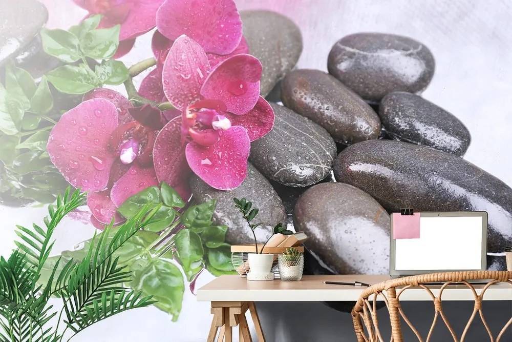 Carta da parati – Orchidea fiorita e pietre benessere
