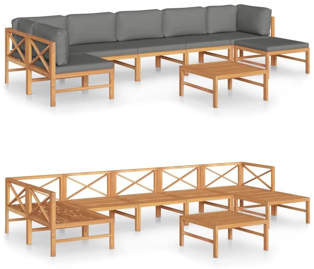 Set divani da giardino 8pz cuscini grigi legno massello di teak