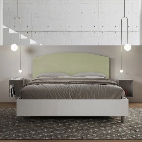 Letto contenitore da 160x190 in legno bianco e testata in microfibra tč verde Antilia