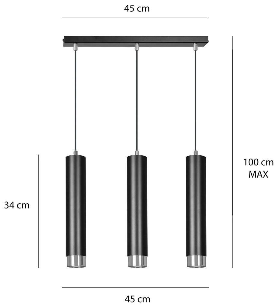 Lampadario 3 Luci Brunilde In Acciaio Nero E Tubolari In Nero E Cromo