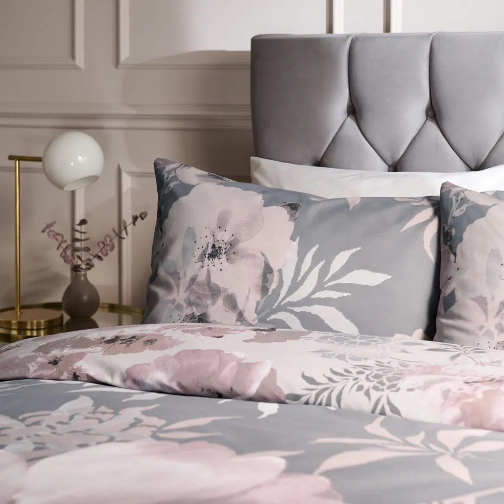 Set copripiumino e federa rosa e grigio per letto matrimoniale e per letto esteso 230x220 cm Dramatic Floral – Catherine Lansfield