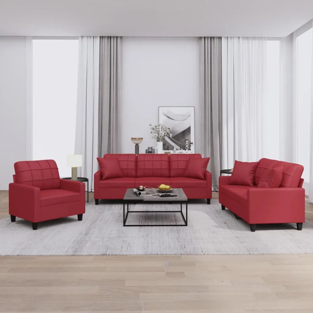 Set Di Divani 3 Pz Con Cuscini Rosso Vino İn Similpelle /