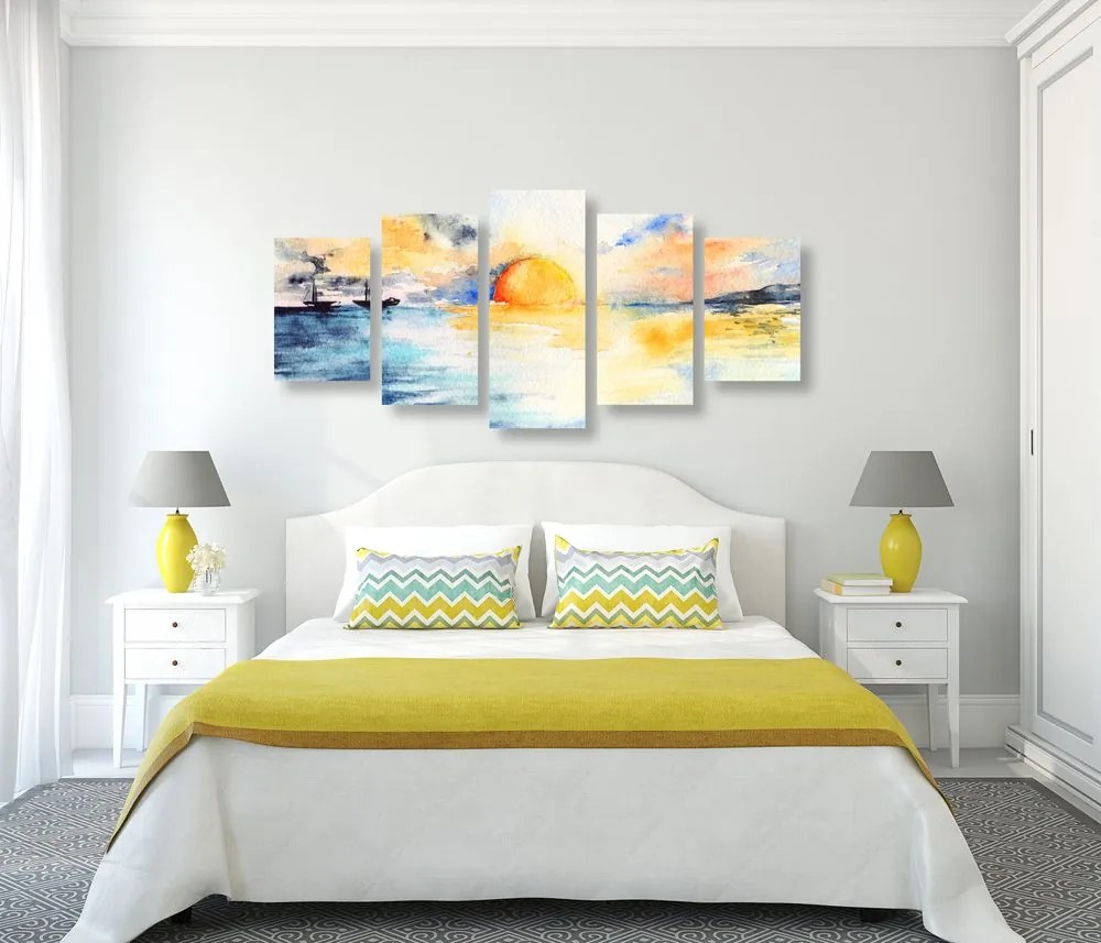 Quadri 5 pezzi – Tramonto brillante sul mare