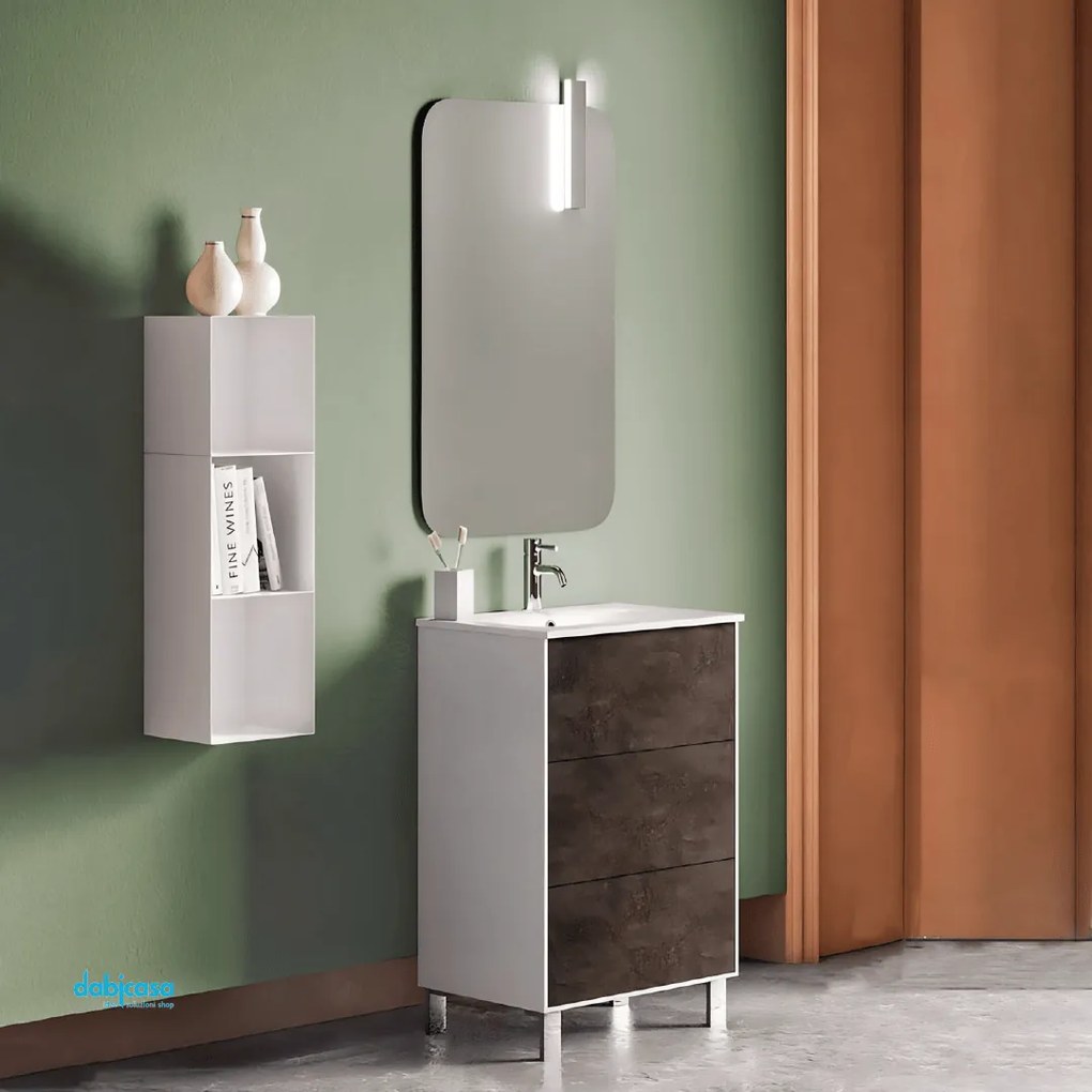 Mobile Bagno A Terra "Step" Da 70 Cm Composto Da Tre Cassetti Lavabo E Specchio Con Lampada Led