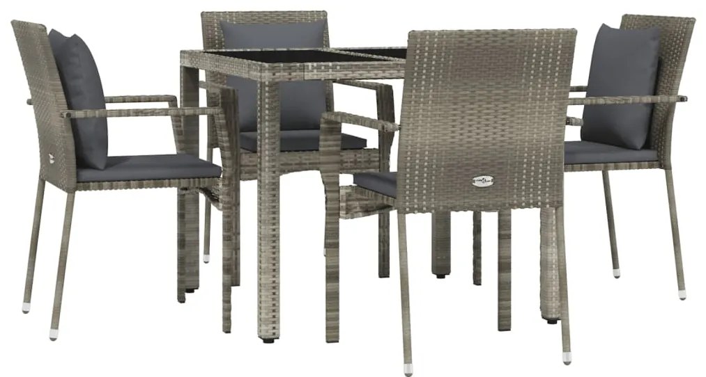 Set da pranzo da giardino 5 pz con cuscini in polyrattan grigio