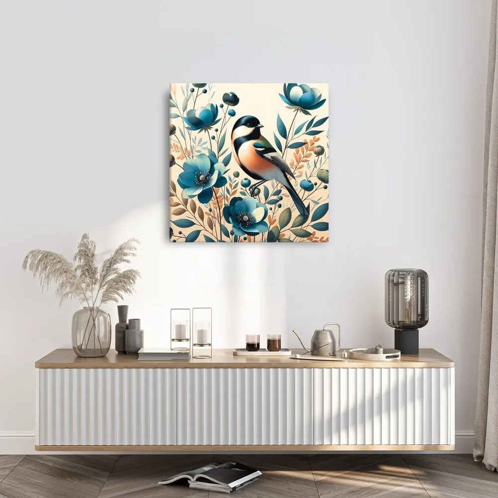 Quadro su tela – Cinciarella nel giardino fiorito