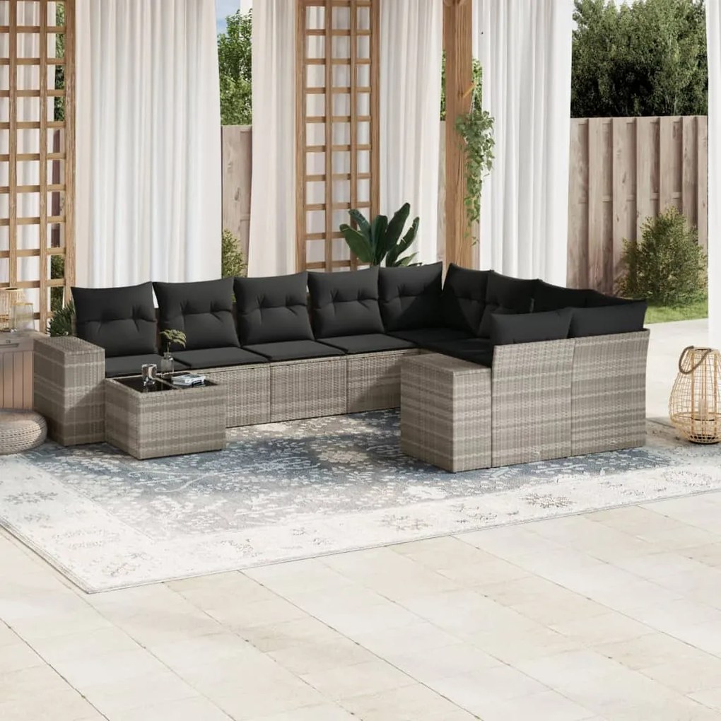 Set divano giardino 10 pz con cuscini grigio chiaro polyrattan